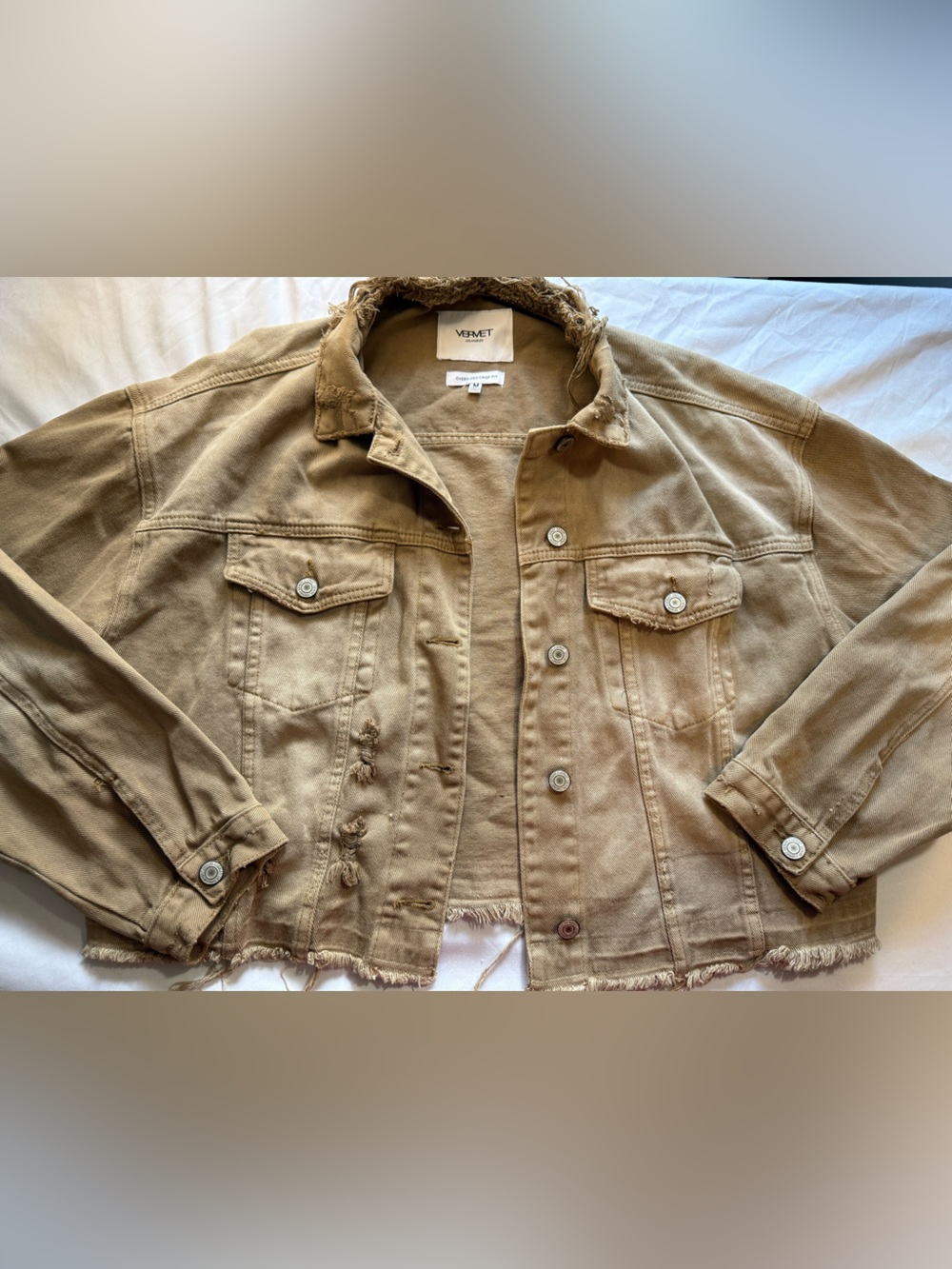 VERMET Los Angeles Washed Tan Distressed Denim Jacket Size M 100% Cotton